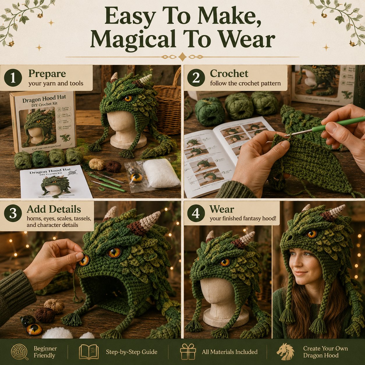 🐉✨ Fantasy Hood Hat DIY Crochet Kit | Premium Soft Yarn Materials with Step-by-Step Guide DIY Handmade Wearable Character Hood 🧶🎭✨