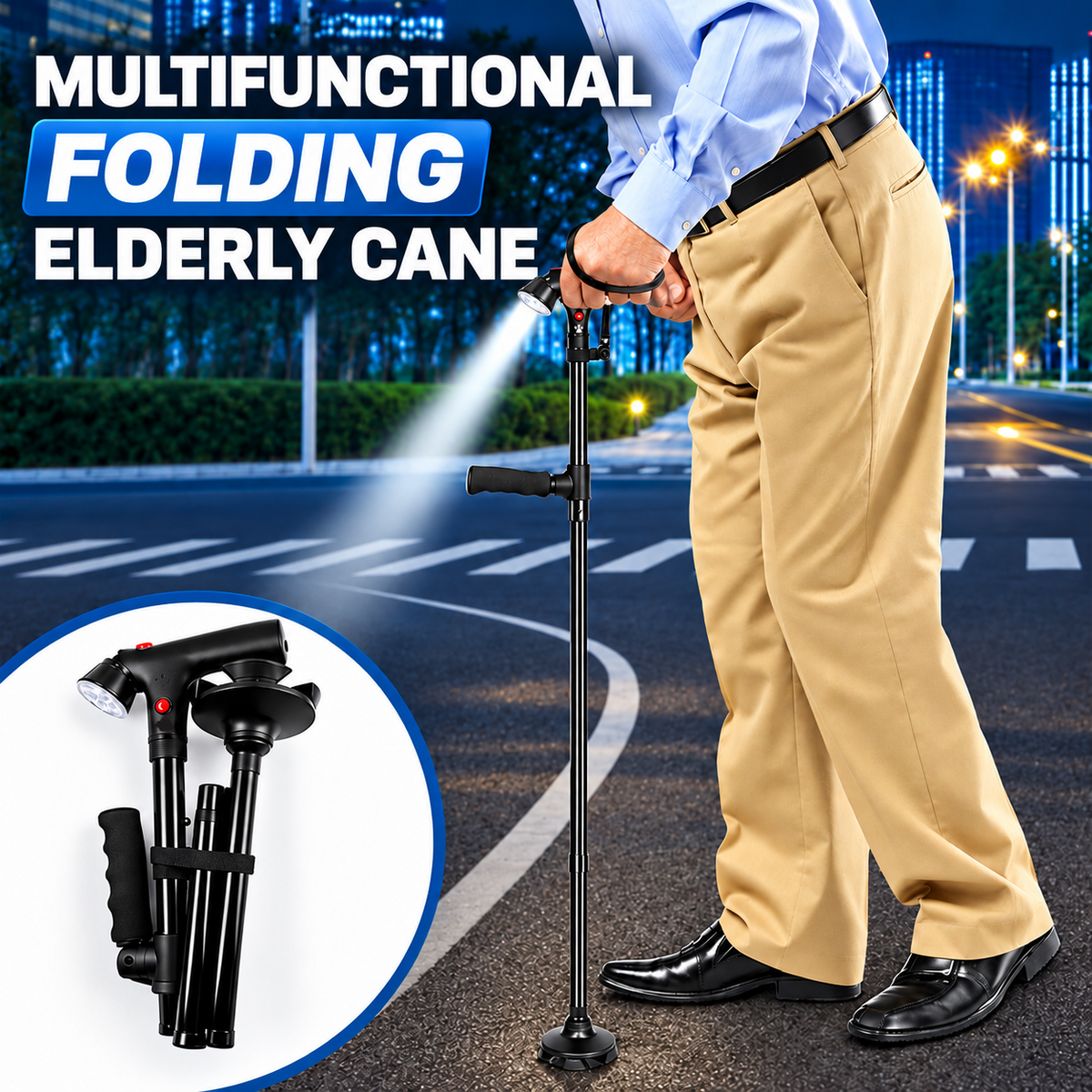 🦯LIMITED-TIME 50% OFF! 💡 SteadyGo™ Multifunction Folding Walking Cane – Built-In Light, Emergency Alarm, Quad Base & 5-Level Height Adjustment✨