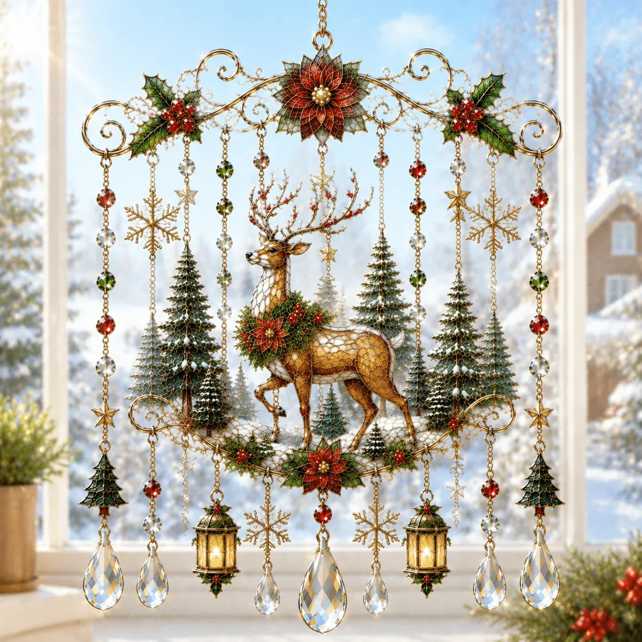 49% OFF – 🎄Handmade Christmas Stained Glass Window Hanging | Tempered Stained Glass, K9 Crystal Drops & Ready-to-Hang Holiday Decor ✨
