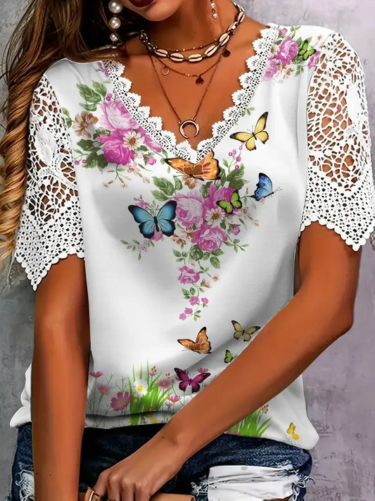 🌸Elegant Lace Trim Floral Butterfly Top🦋