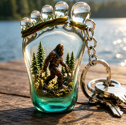 Bigfoot Footprint Forest Scene Glass Keychain 🦶🌲