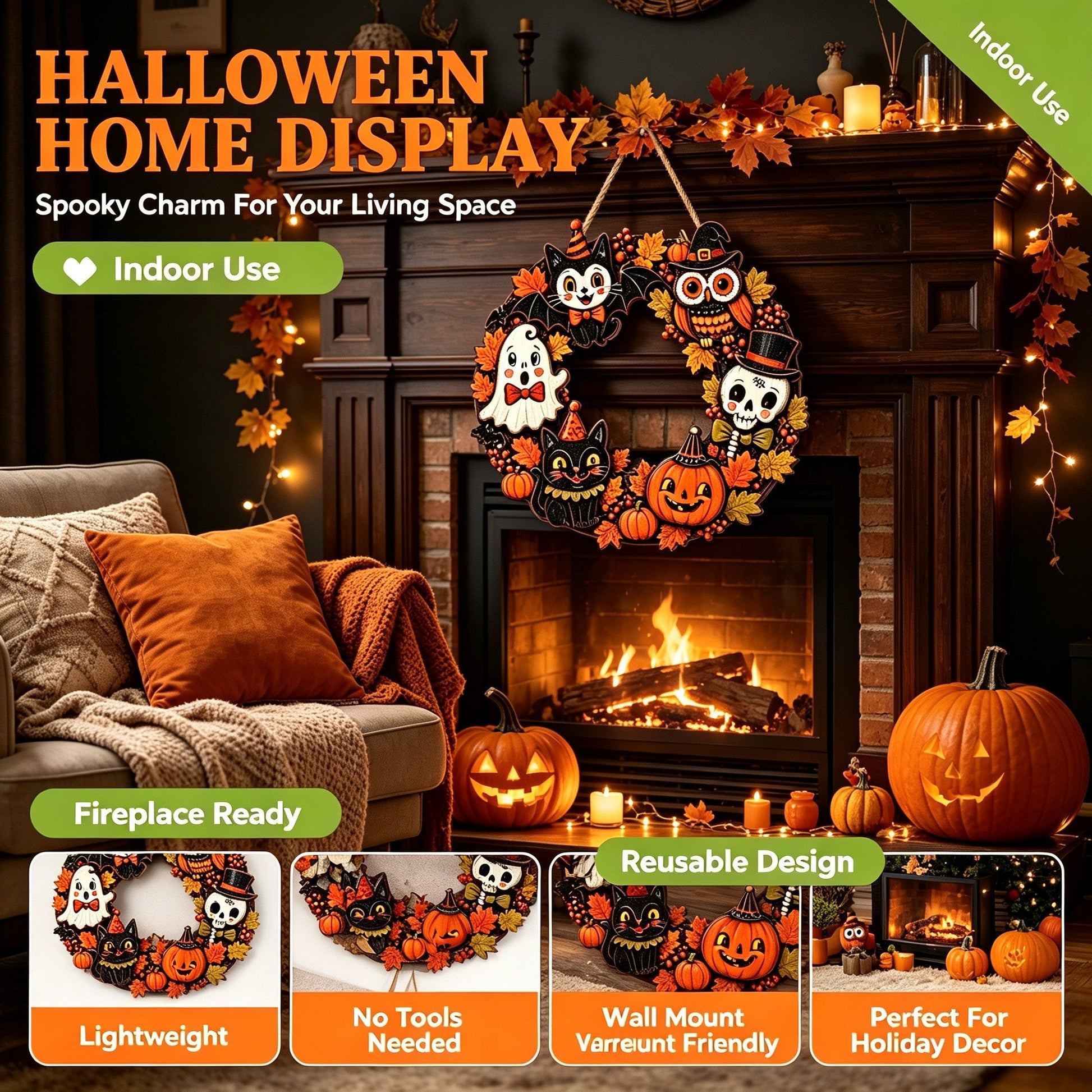 🎃 Hand-Carved 3D Halloween Wooden Door Hanger 👻