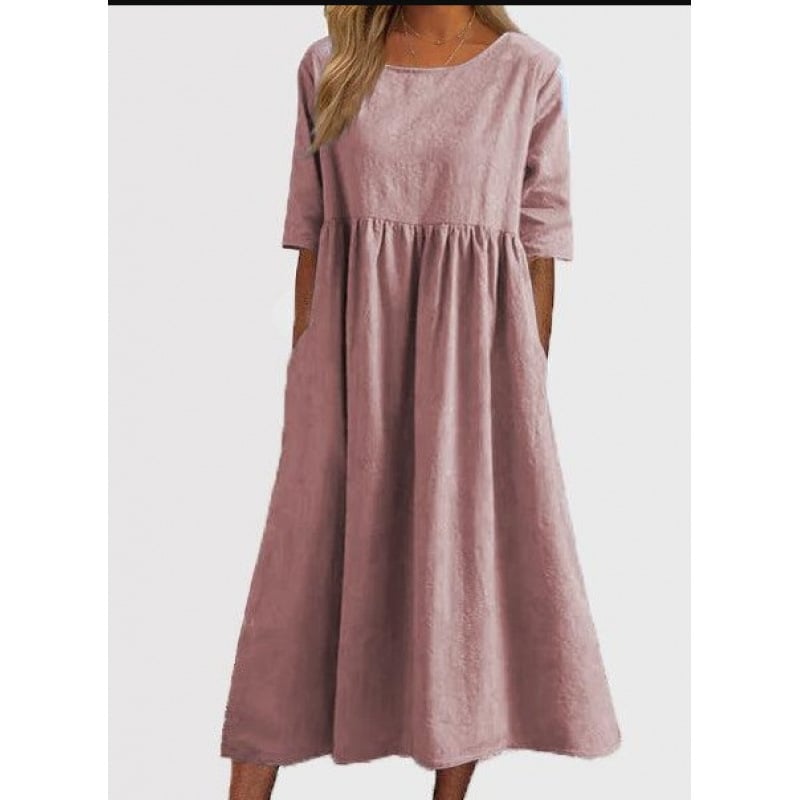 Summer New Cotton and Linen Casual Short Sleeve Pocket Fold Loose Round Neck Women's Dress