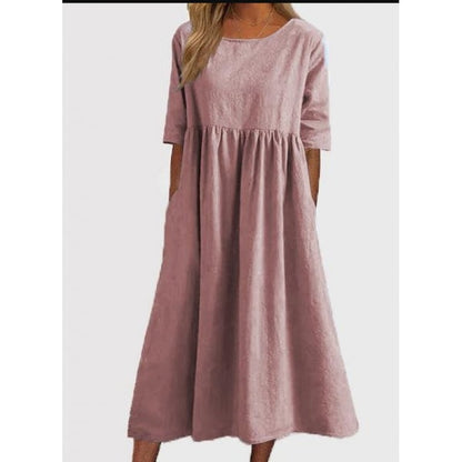 Summer New Cotton and Linen Casual Short Sleeve Pocket Fold Loose Round Neck Women's Dress