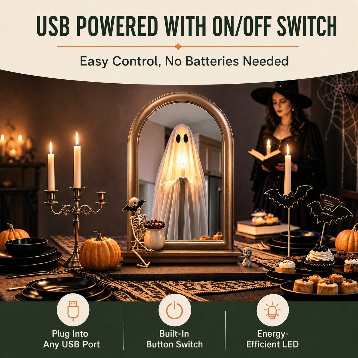 👻 Halloween Ghost Mirror with LED Candlelight Effect 🕯️