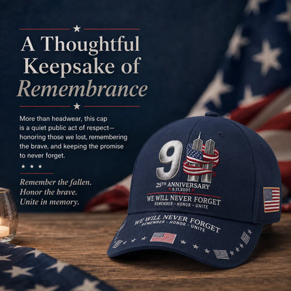 9/11 25th Anniversary We Will Never Forget Memorial Baseball Cap – Unisex Patriotic Memorial Hat🧢 Polyester