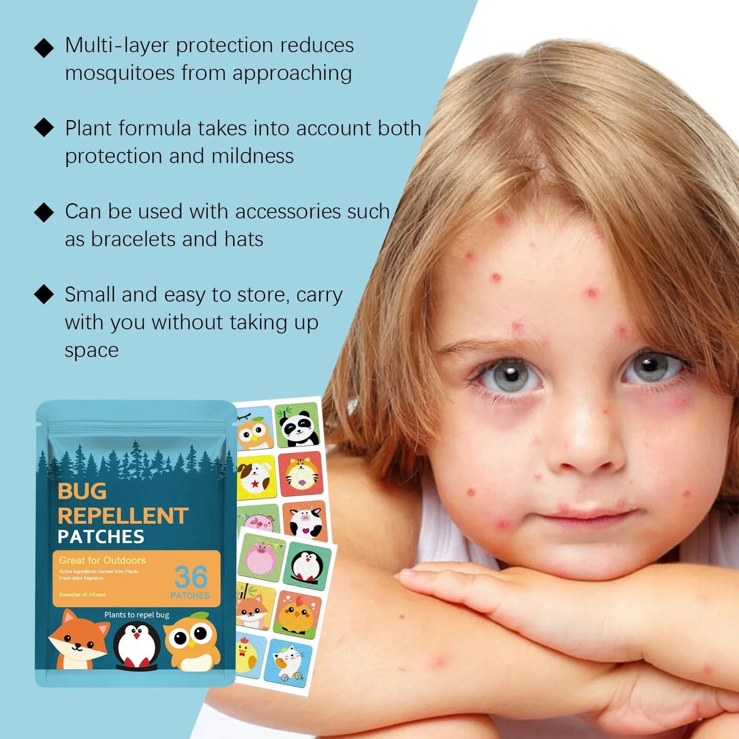 Mosquito Repellent Stickers (36 Pack) - Positive Vibes Patches for Kids, Natural DEET-Free, Essential Oil Infused