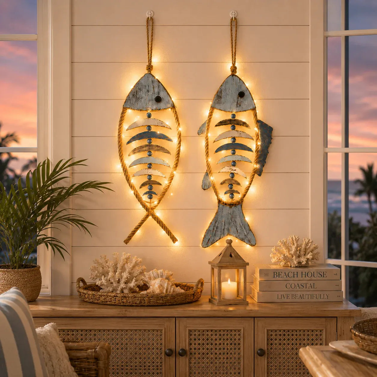 🎉🎉🐟✨ Lighted Coastal Rope Fish Wall Hanging