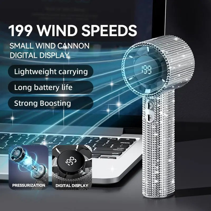 💎Luxury Diamond Bling Handheld Fan🌬️3 Speed Turbo Rechargeable Mini Fan With Digital Display