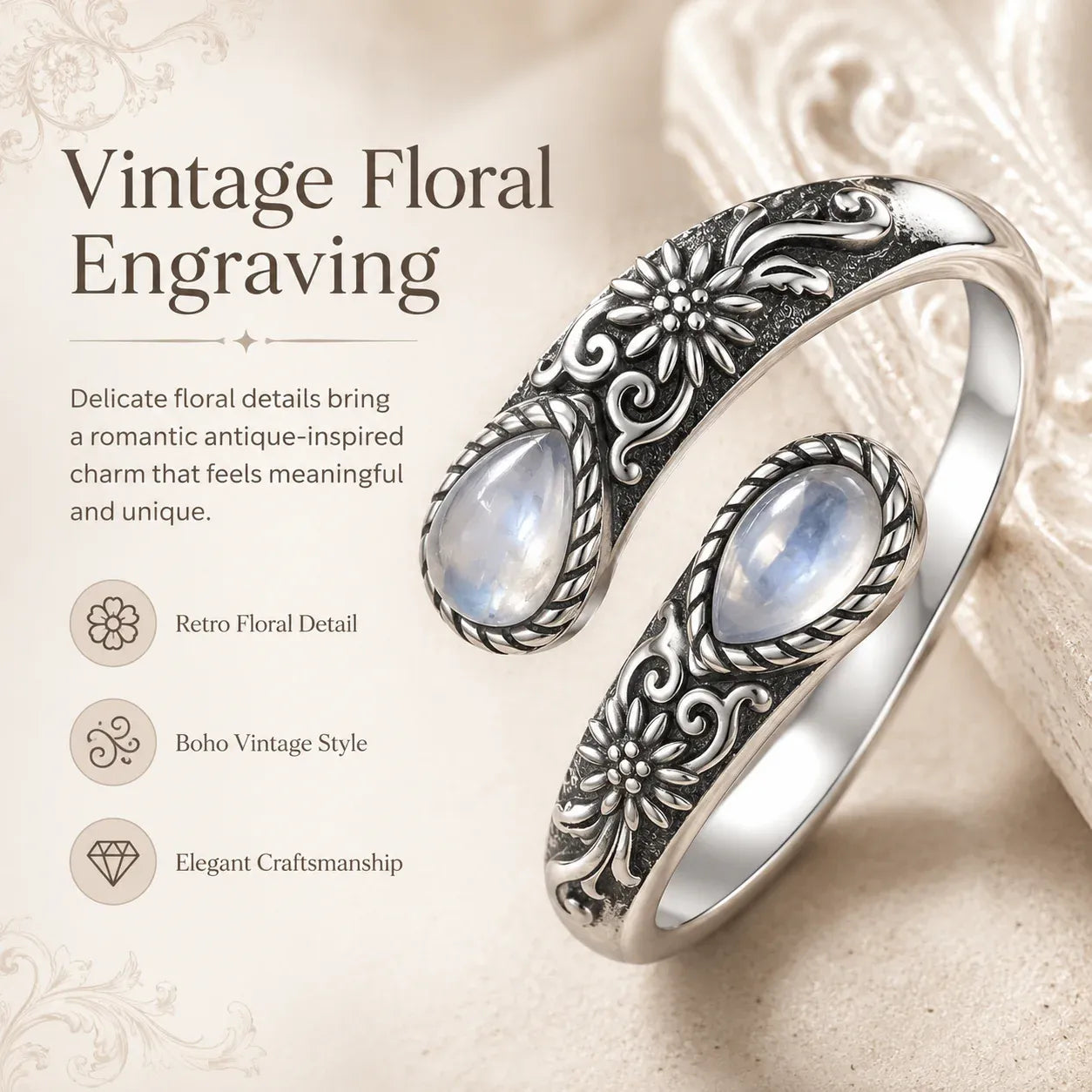 🔥🎁50% OFF🌙Moonstone Bloom Ring | Vintage Style • Adjustable Fit • Timeless Elegance