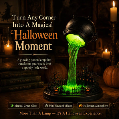 🔥 LAST DAY 49% OFF – 🧙‍♀️ Glowing Witch Cauldron Desk Lamp | Spilling Green Magic Light with Haunted Castle, Pumpkins & Gothic Halloween Vibes 🧪✨