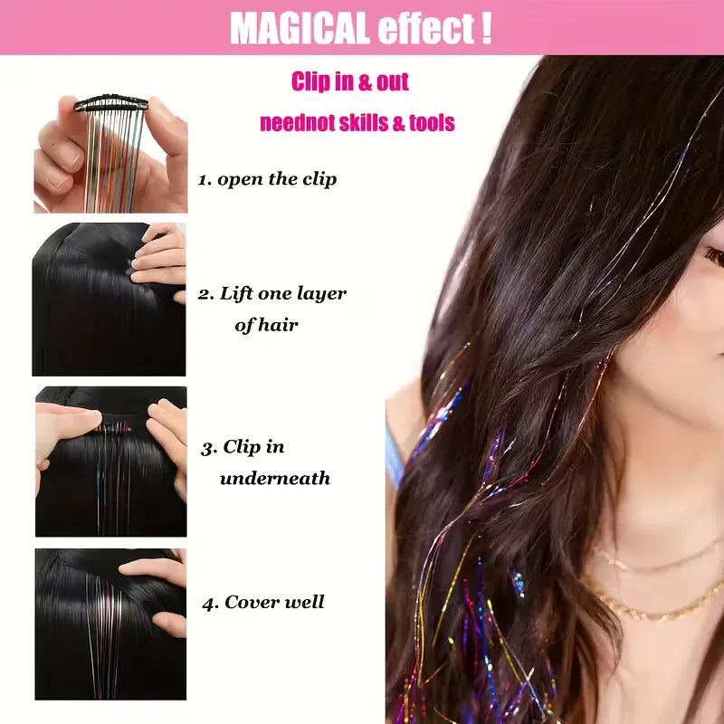 Sparkling Fairy Hair Tinsel Extensions 🌈 Heat-Resistant Glitter Strands for Women ✨