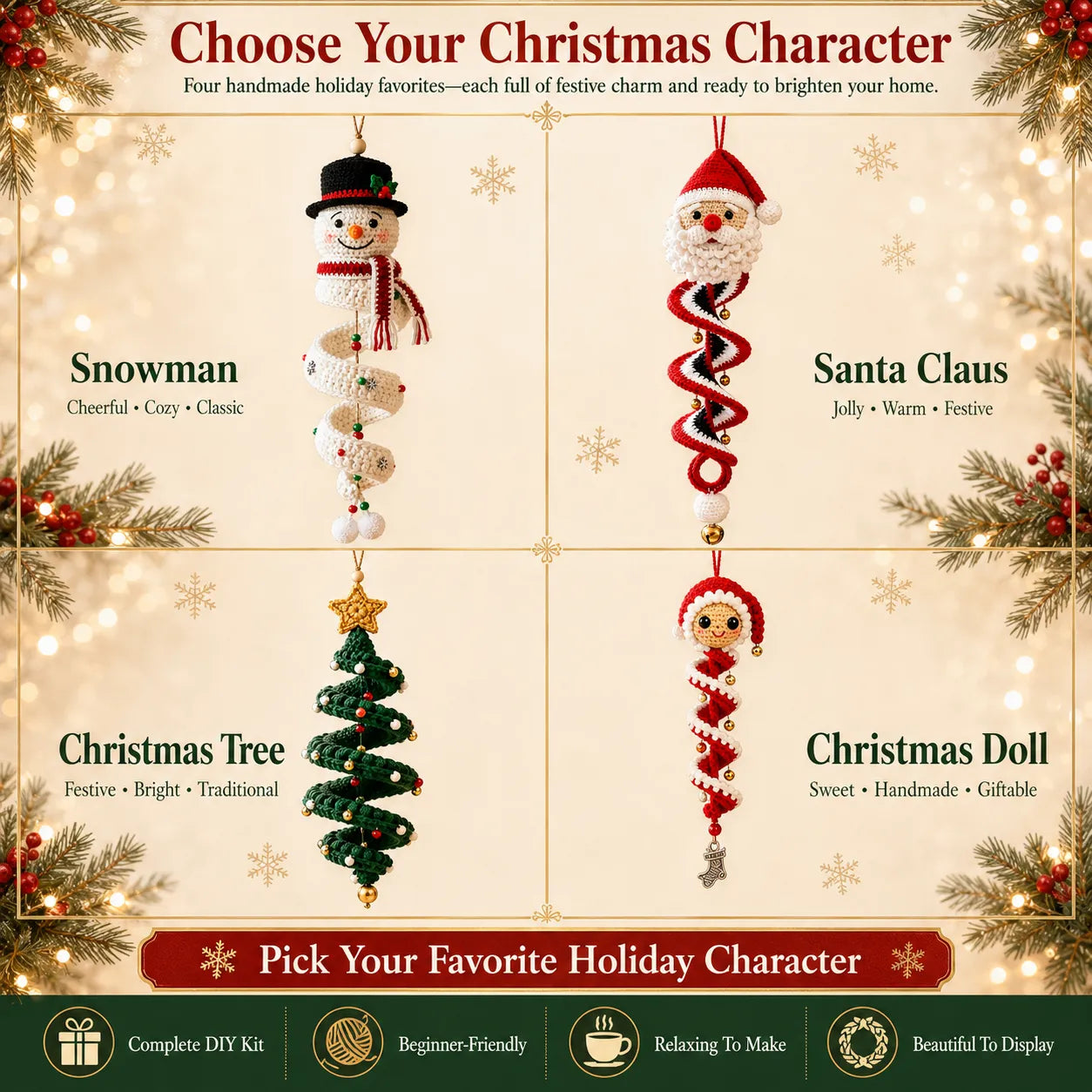 ☃️Crochet Snowman Spiral Ornament DIY Kit | Complete Beginner-Friendly Set with Soft Yarn, Crochet Hook, Festive Beads, Snowflakes & Step-by-Step Guide 🧶🎄✨