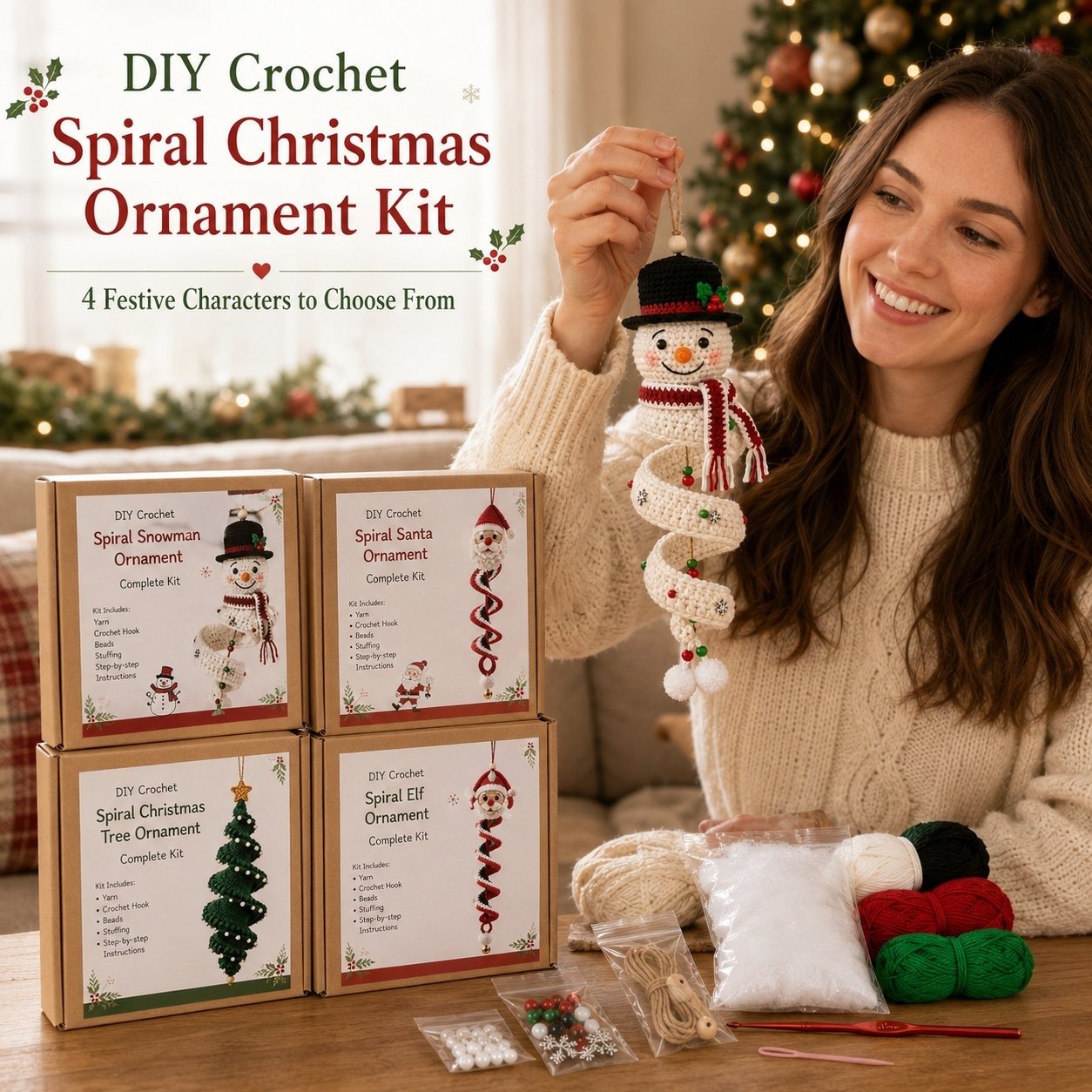 🔥 LAST DAY 49% OFF – ☃️ Crochet Snowman Spiral Ornament DIY Kit | Complete Beginner-Friendly Set with Soft Yarn, Crochet Hook, Festive Beads, Snowflakes & Step-by-Step Guide 🧶🎄✨