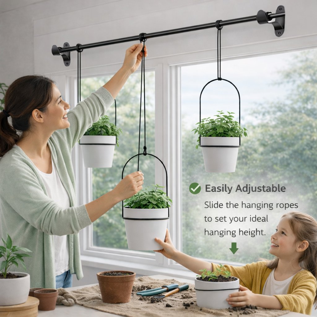 🌱 BESTSELLER |🌿Adjustable Hanging Window Planter Set – Metal Rod Plant Hanger with 3 Pots for Indoor & Outdoor Green Display