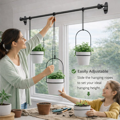 🌱 BESTSELLER |🌿Adjustable Hanging Window Planter Set – Metal Rod Plant Hanger with 3 Pots for Indoor & Outdoor Green Display