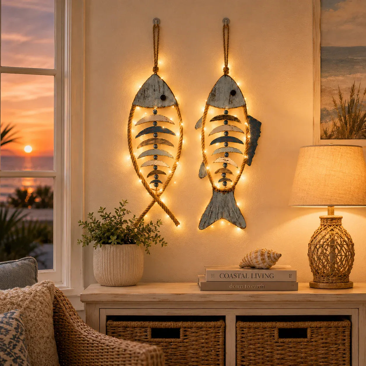 🎉🎉🐟✨ Lighted Coastal Rope Fish Wall Hanging