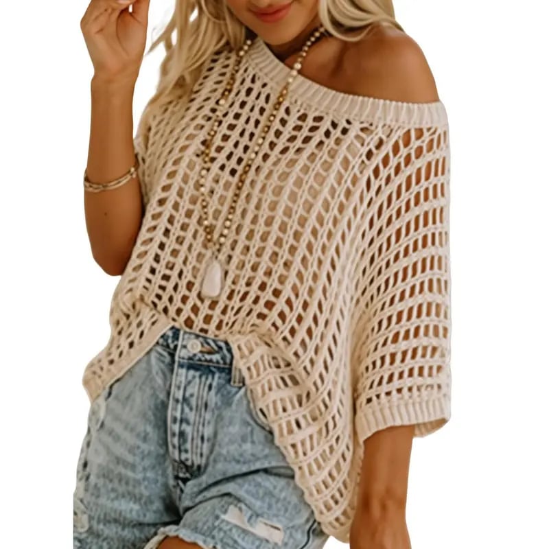 🔥 BIG SALE 🔥Short Sleeve Crochet Sweater Lightweight Summer Tops Loose Hollow Out Crewneck Pullover