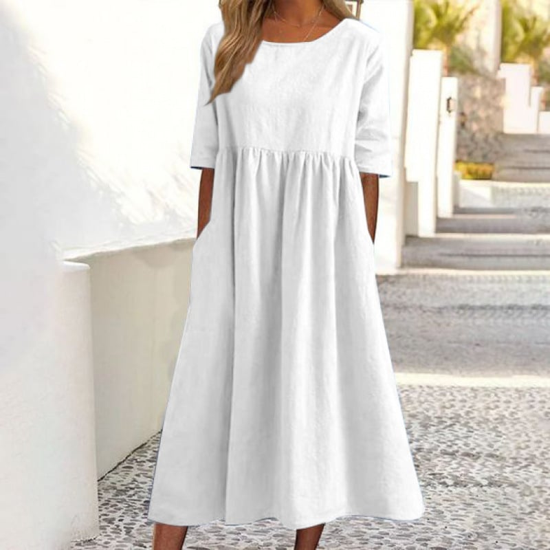 Summer New Cotton and Linen Casual Short Sleeve Pocket Fold Loose Round Neck Women's Dress