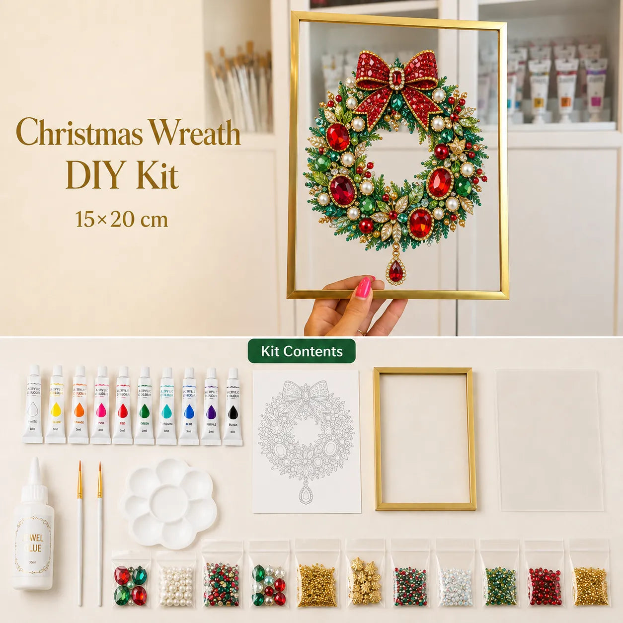 🔥 LAST DAY 49% OFF – 🎄 DIY Jeweled Christmas Tree Art Kit | Colorful Gems, Pearls, Paints & Gold-Tone Floating Display Frame 💎✨
