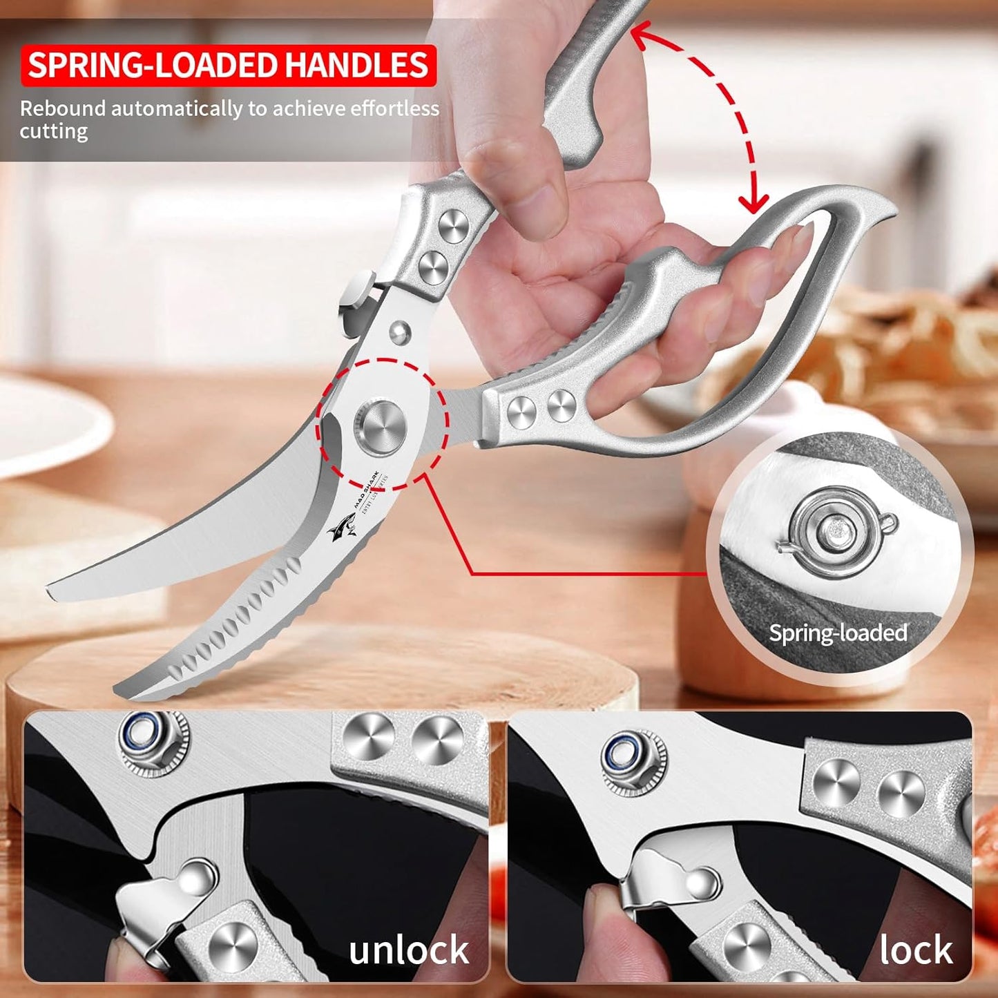 ✂️ Heavy-Duty Multifunction Kitchen Shears – 4-in-1 Tool with Fish Scaler, Bottle Opener & Safety Lock 🔪