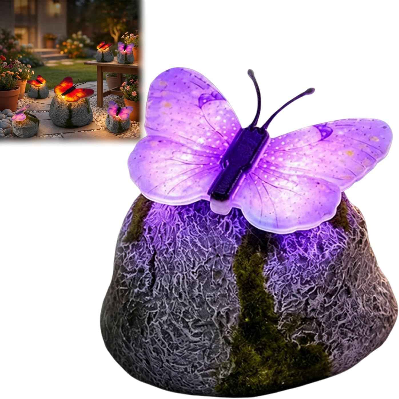 🦋 Solar Butterfly Stone Garden Light, Waterproof LED Glowing Landscape Rock Lamp, Auto On/Off Outdoor Resin Decor for Yard, Lawn, Pathway, Patio & Porch, Perfect Garden Gift🥳Buy 2 Get 10% Off