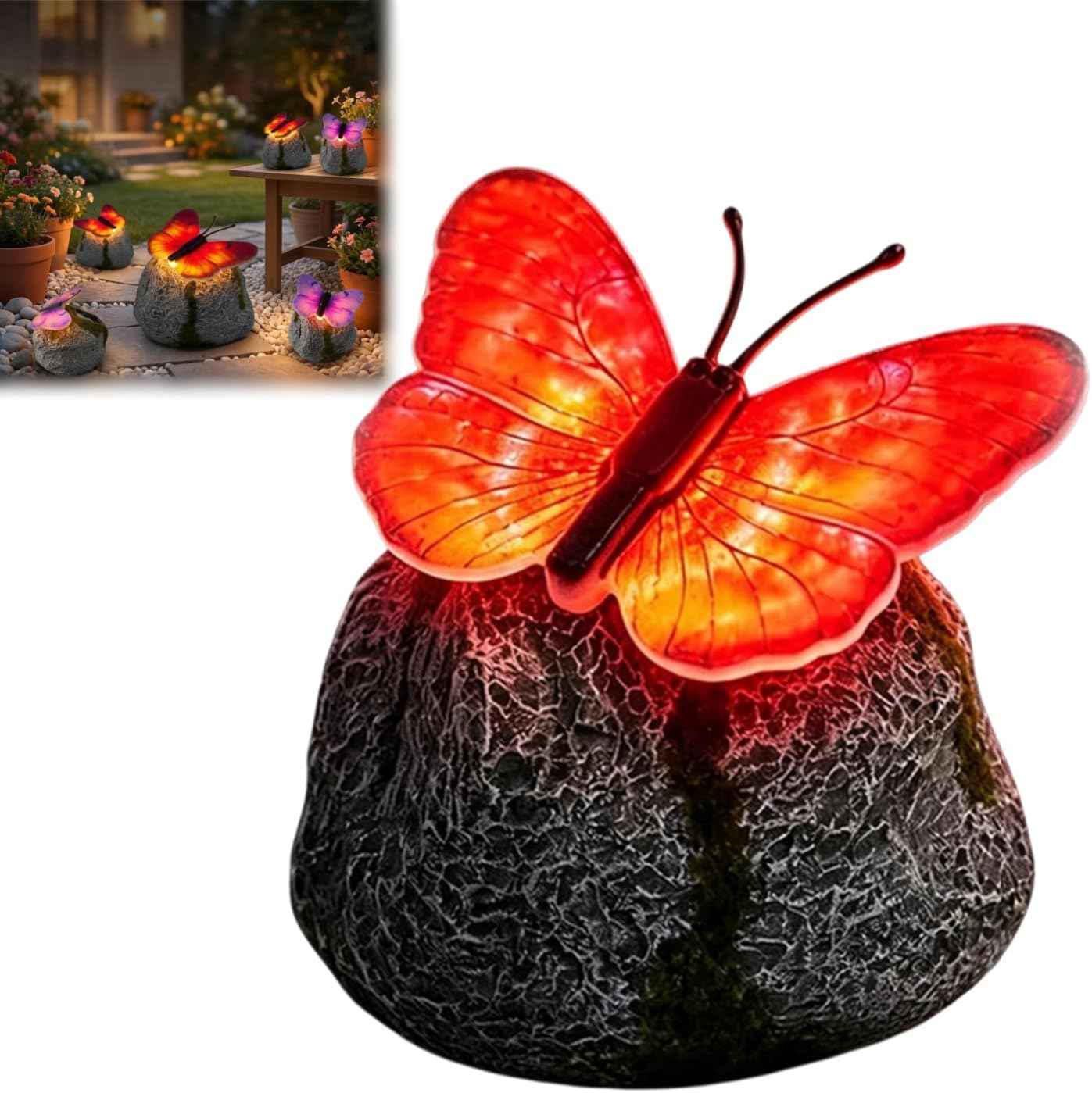 🦋 Solar Butterfly Stone Garden Light, Waterproof LED Glowing Landscape Rock Lamp, Auto On/Off Outdoor Resin Decor for Yard, Lawn, Pathway, Patio & Porch, Perfect Garden Gift🥳Buy 2 Get 10% Off