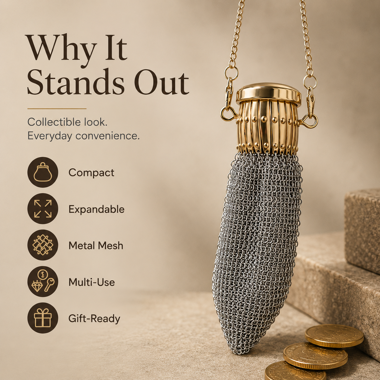 Vintage-Inspired Metal Mesh Coin Purse – Expandable Stainless Steel Pocket Wallet & Collectible Gift