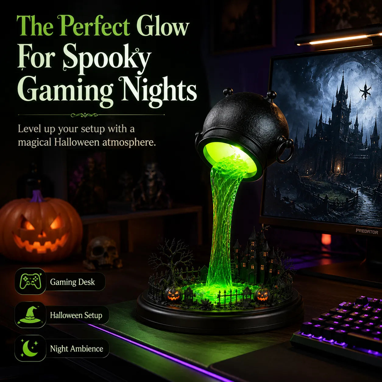 🔥 LAST DAY 49% OFF – 🧙‍♀️ Glowing Witch Cauldron Desk Lamp | Spilling Green Magic Light with Haunted Castle, Pumpkins & Gothic Halloween Vibes 🧪✨