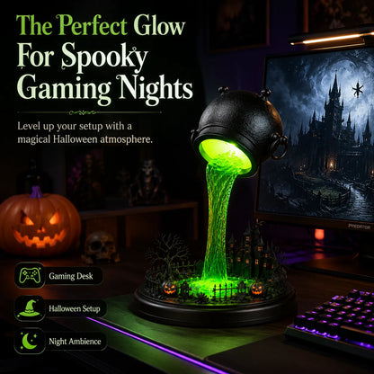 🔥 LAST DAY 49% OFF – 🧙‍♀️ Glowing Witch Cauldron Desk Lamp | Spilling Green Magic Light with Haunted Castle, Pumpkins & Gothic Halloween Vibes 🧪✨