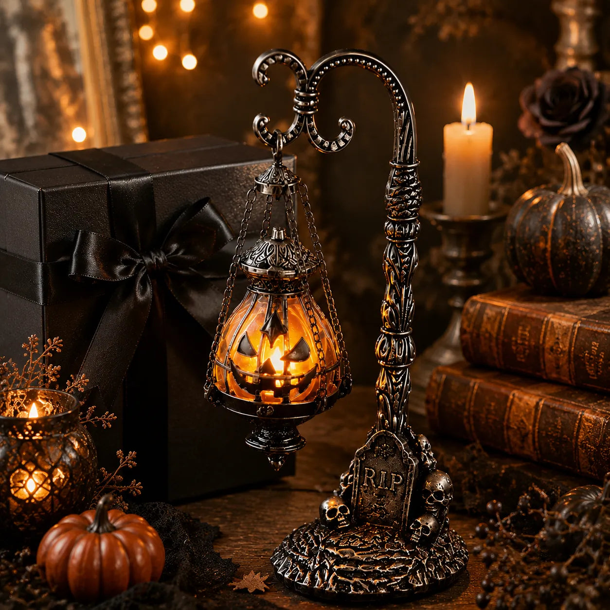 🎃 Gothic Pumpkin Lantern Stand | Warm Orange LED Glow, Victorian Skull Details & Haunted Shelf Decor 🕯️