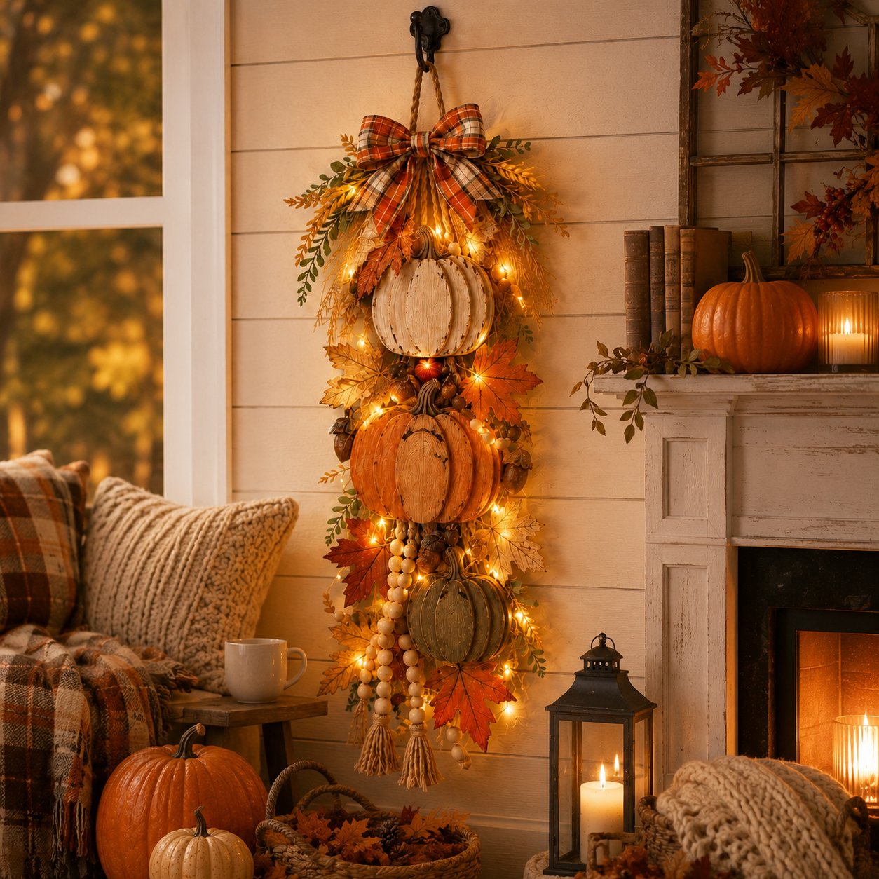 🎃Rustic Wooden Pumpkin Door Hanging with Warm LED Lights✨