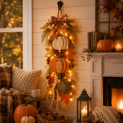 🎃Rustic Wooden Pumpkin Door Hanging with Warm LED Lights✨