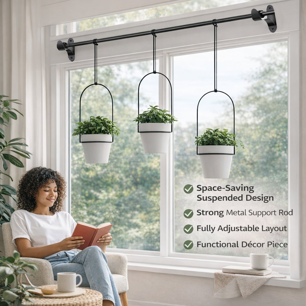 🌱 BESTSELLER |🌿Adjustable Hanging Window Planter Set – Metal Rod Plant Hanger with 3 Pots for Indoor & Outdoor Green Display
