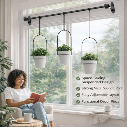 🌱 BESTSELLER |🌿Adjustable Hanging Window Planter Set – Metal Rod Plant Hanger with 3 Pots for Indoor & Outdoor Green Display