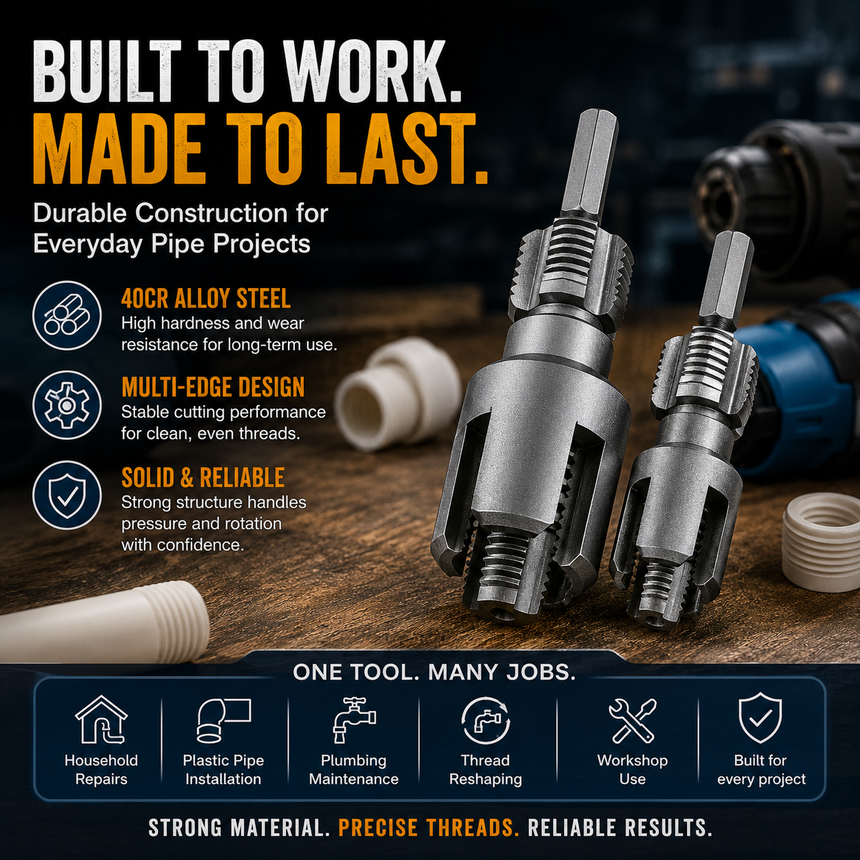 Drill-Powered Pipe Thread Cutting Bit — Internal & External Threading for 1/2" & 3/4" Plastic Pipes