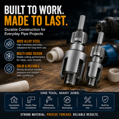 Drill-Powered Pipe Thread Cutting Bit — Internal & External Threading for 1/2" & 3/4" Plastic Pipes