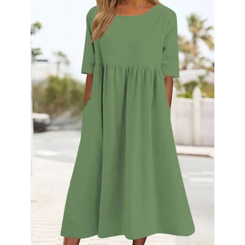 Summer New Cotton and Linen Casual Short Sleeve Pocket Fold Loose Round Neck Women's Dress