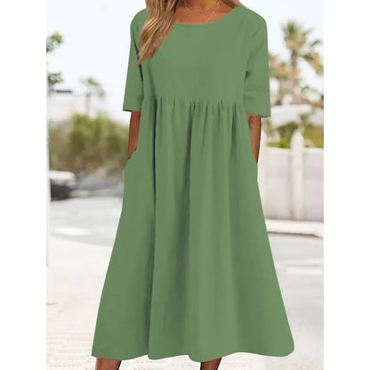 Summer New Cotton and Linen Casual Short Sleeve Pocket Fold Loose Round Neck Women's Dress