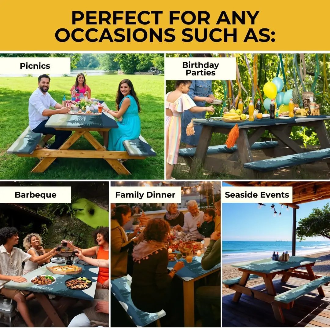 🧺 Stretch Picnic Tablecloth Set | Bench Covers + Carry Bag Included 👜