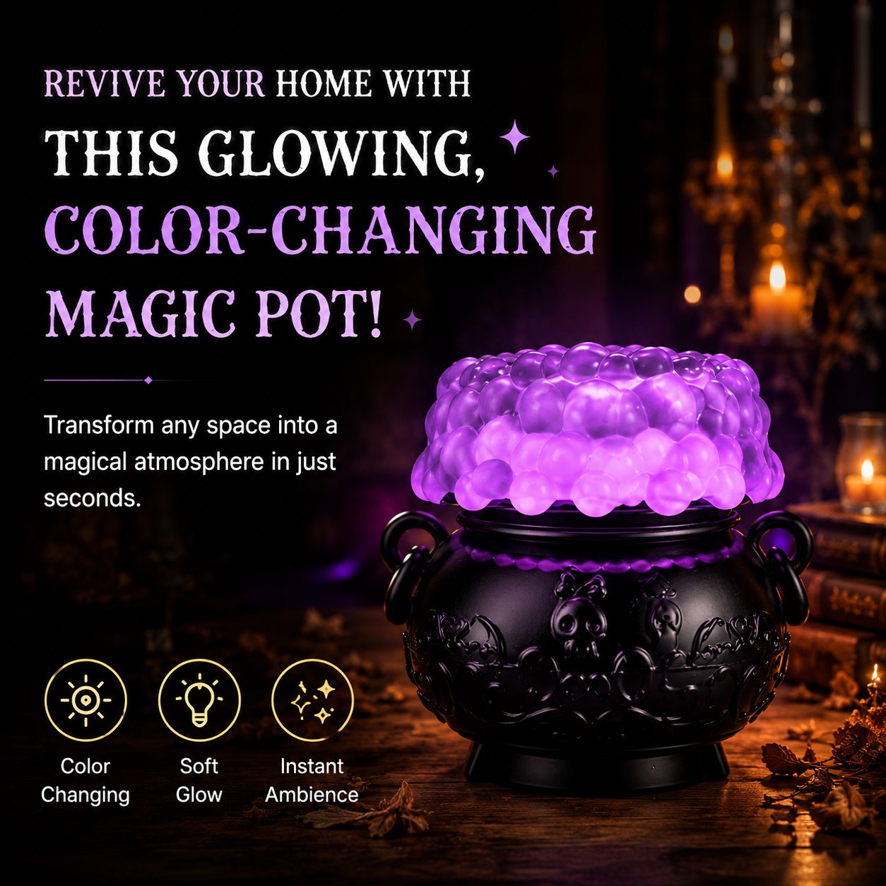 🔥Last Day 49% OFF - 👻✨Light-up Color-changing Cauldron Waterglobe 3-Wick Candle Holder