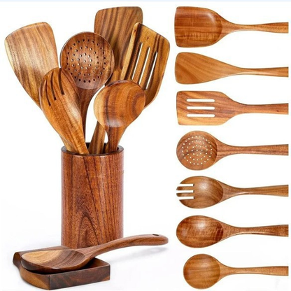🌿 100% Pure Teak Wooden Kitchen Utensils – No Harsh Chemicals, Gentle on All Cookware🍴