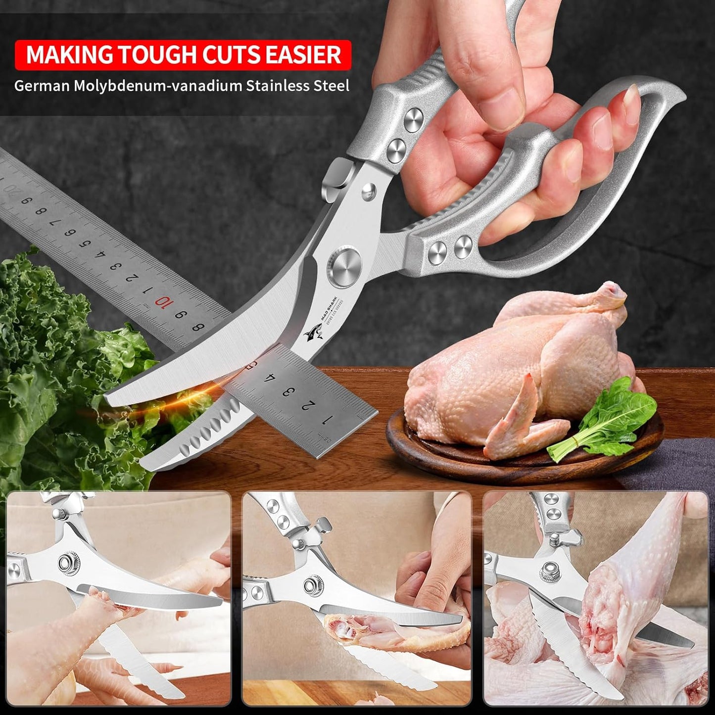 ✂️ Heavy-Duty Multifunction Kitchen Shears – 4-in-1 Tool with Fish Scaler, Bottle Opener & Safety Lock 🔪