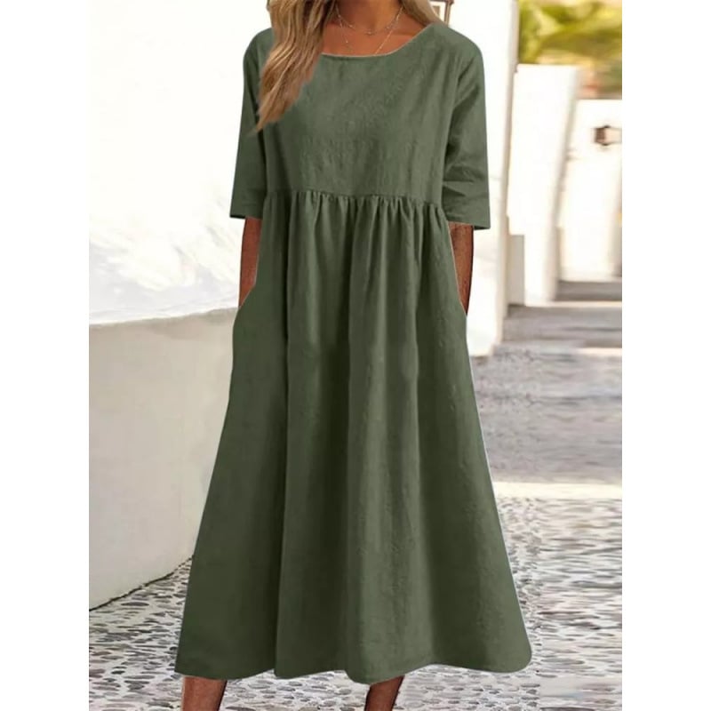 Summer New Cotton and Linen Casual Short Sleeve Pocket Fold Loose Round Neck Women's Dress