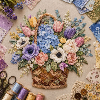 🔥HOT SALE🔥🌸🧵 Premium Floral Basket Patchwork DIY Kit | High-Quality Layered Fabric Bouquet with Raised Petals & Woven Basket Details ✨