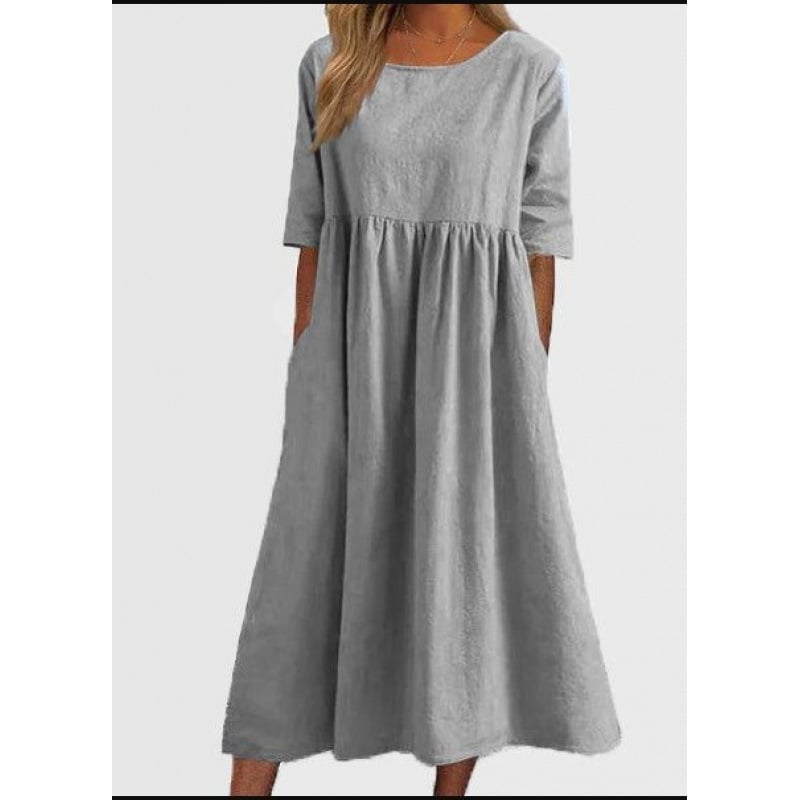 Summer New Cotton and Linen Casual Short Sleeve Pocket Fold Loose Round Neck Women's Dress