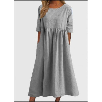 Summer New Cotton and Linen Casual Short Sleeve Pocket Fold Loose Round Neck Women's Dress