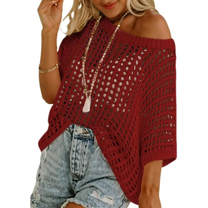 🔥 BIG SALE 🔥Short Sleeve Crochet Sweater Lightweight Summer Tops Loose Hollow Out Crewneck Pullover