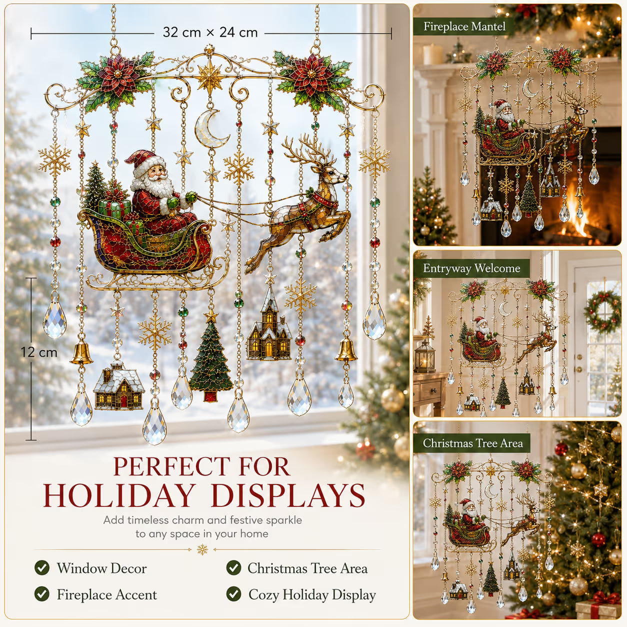 49% OFF – 🎄Handmade Christmas Stained Glass Window Hanging | Tempered Stained Glass, K9 Crystal Drops & Ready-to-Hang Holiday Decor ✨