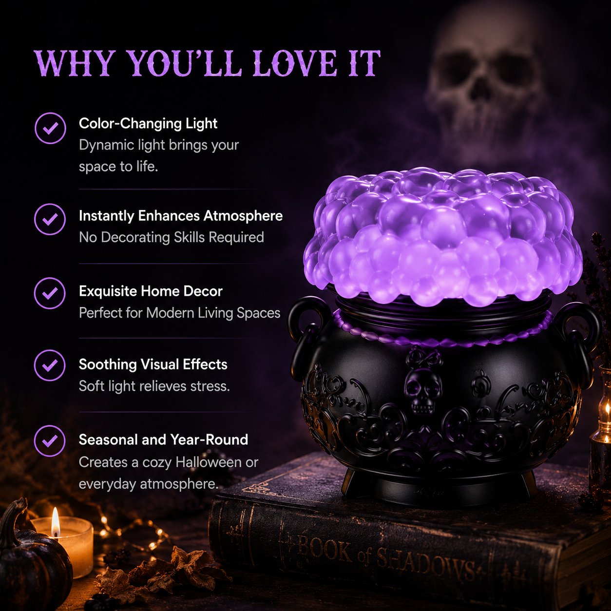 🔥Last Day 49% OFF - 👻✨Light-up Color-changing Cauldron Waterglobe 3-Wick Candle Holder